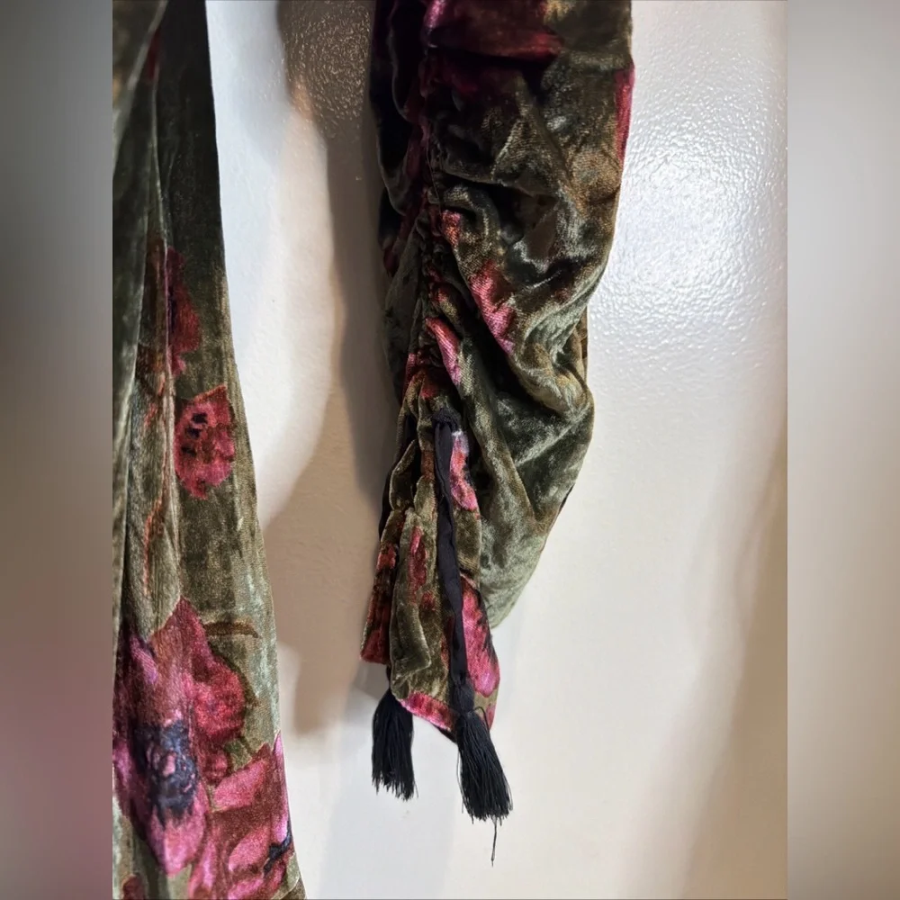 FREE PEOPLE Printed Dhalia Velvet Duster Ruched Tassels Sleeve Longline Jacket M - Picture 6 of 7